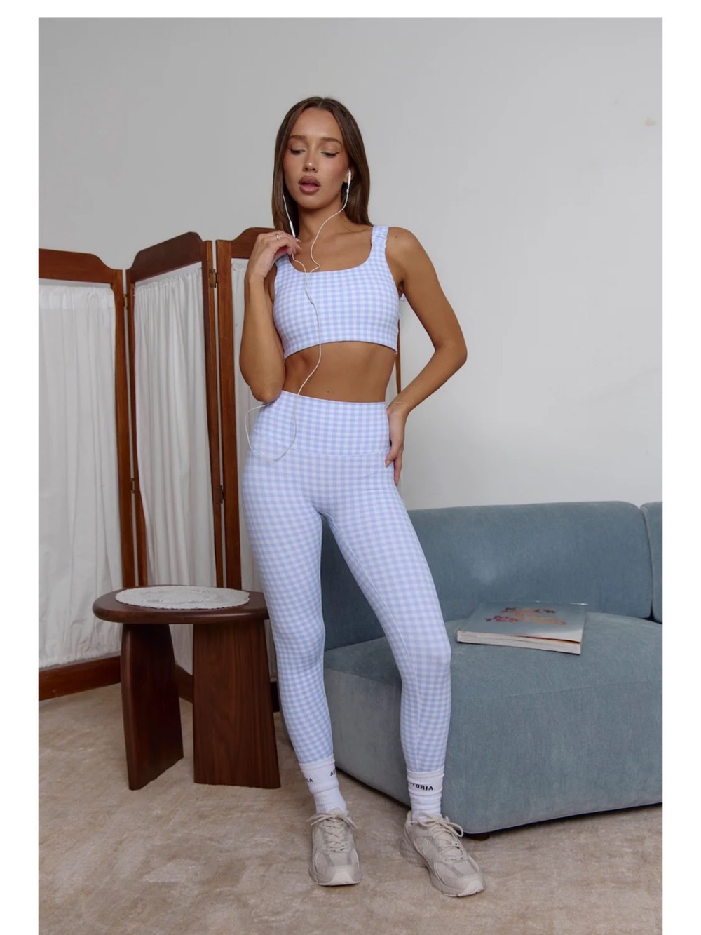 Astoria Luxe Full Length Blue Gingham Leggings NWT